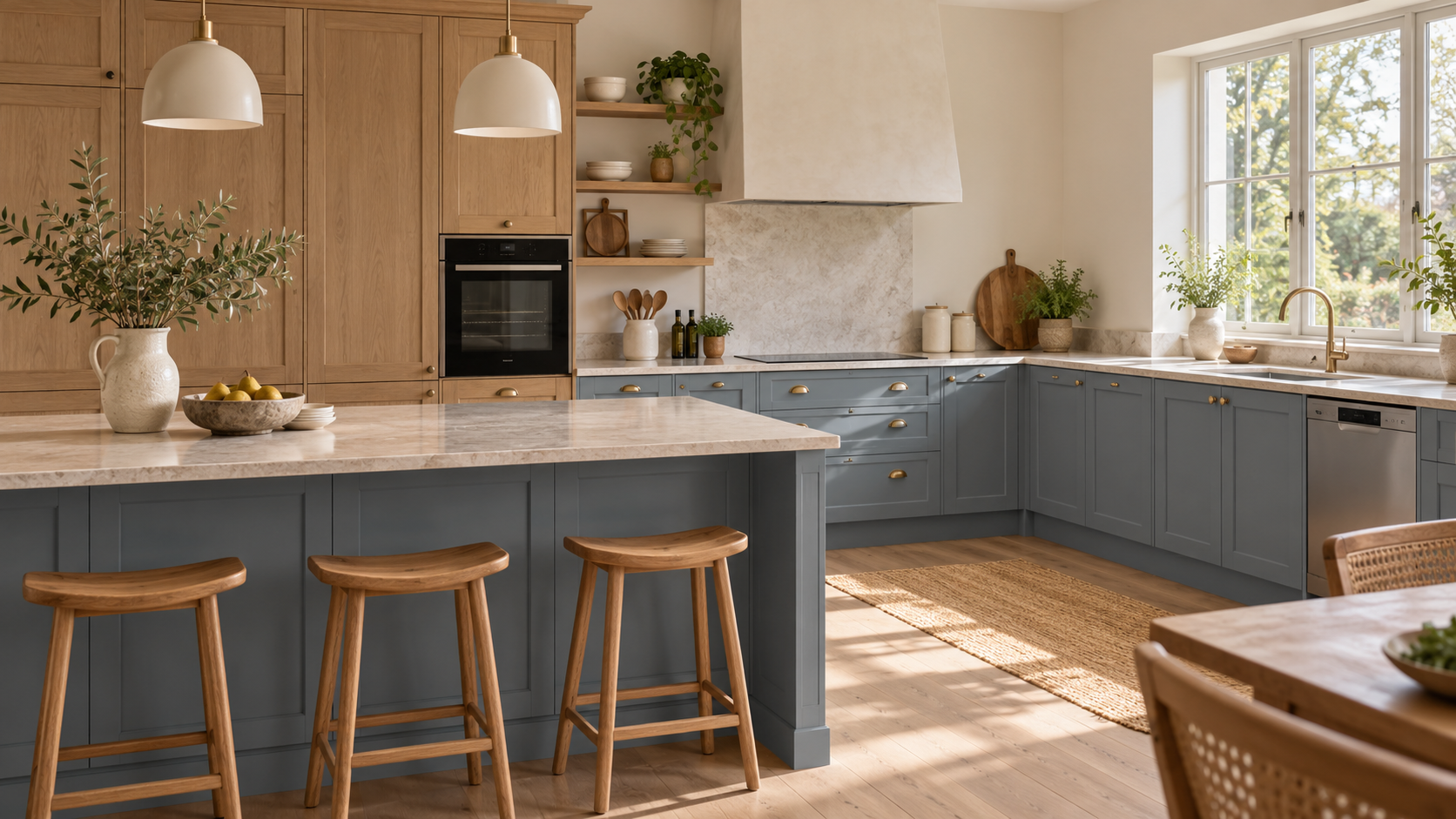 Illustrative light-filled kitchen with oven and dishwasher